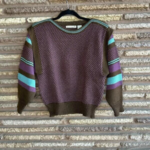 Vintage 90s Jason Maxwell Purple Brown Popcorn Knit Striped Sleeves Sweater